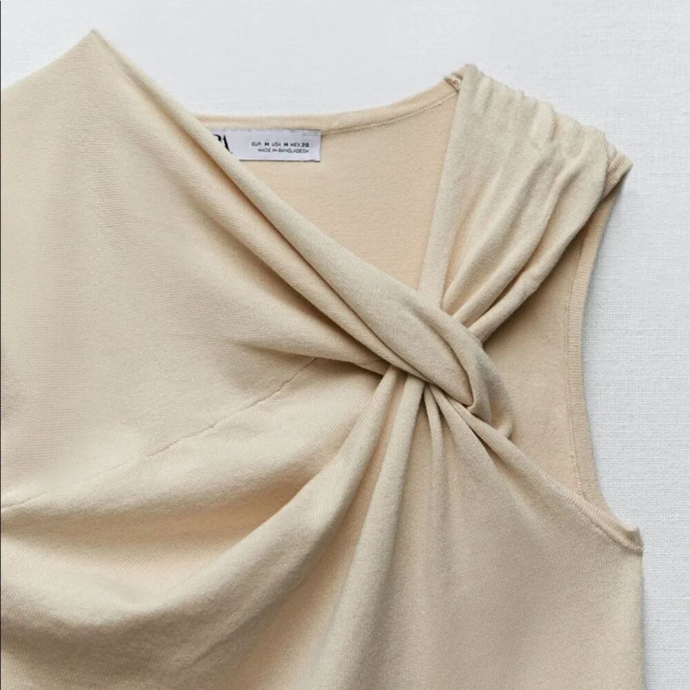 Zara NWT Size S Beige One Shoulder Twist Knot Long Sleeve Knit Top - Picture 4 of 8